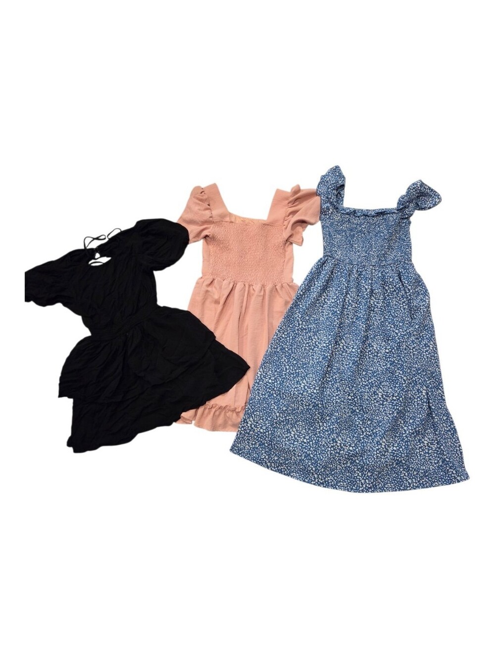 Blue/white floral smocked dress, pink square neckline Dress, Black, Flirty Dress